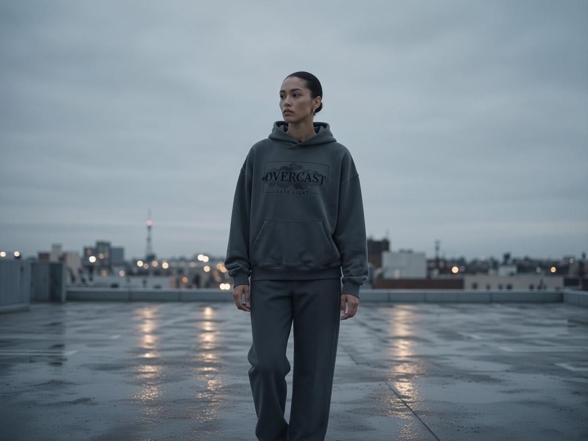 Late Light hoodie on a rooftop at dusk